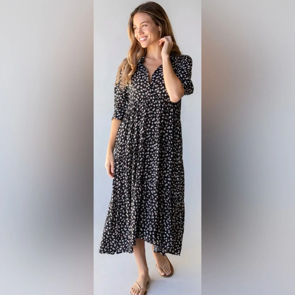 Natural Life Rebecca Midi Dress Black Cream Rose Floral Pockets Boho Sz Large - Picture 2 of 15